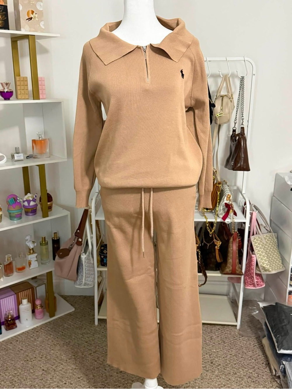 Casual Knit Zip-Collar Sweater & Wide-Leg Pants Set - Camel